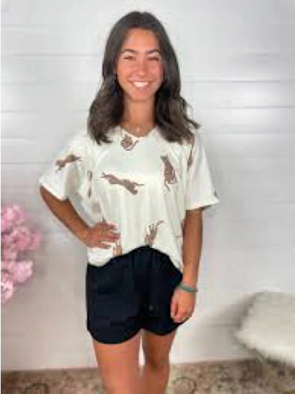 entro Leopard Animal Print V-Neck Short Sleeve Top White & Brown Medium